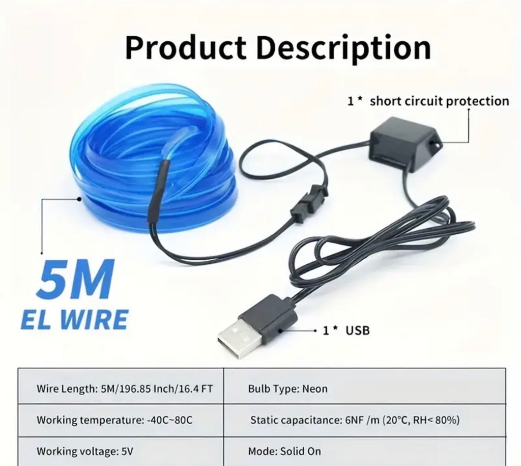 5m Car Interior Additions EL Cold Light LED Ambient Light | USB